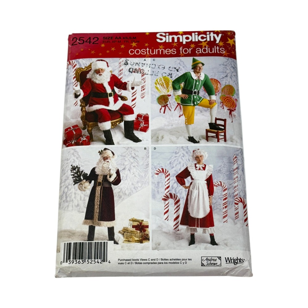 Simplicity 2542 Sew Pattern Xmas Costumes Adult Size XS-M Santa Elf More Uncut